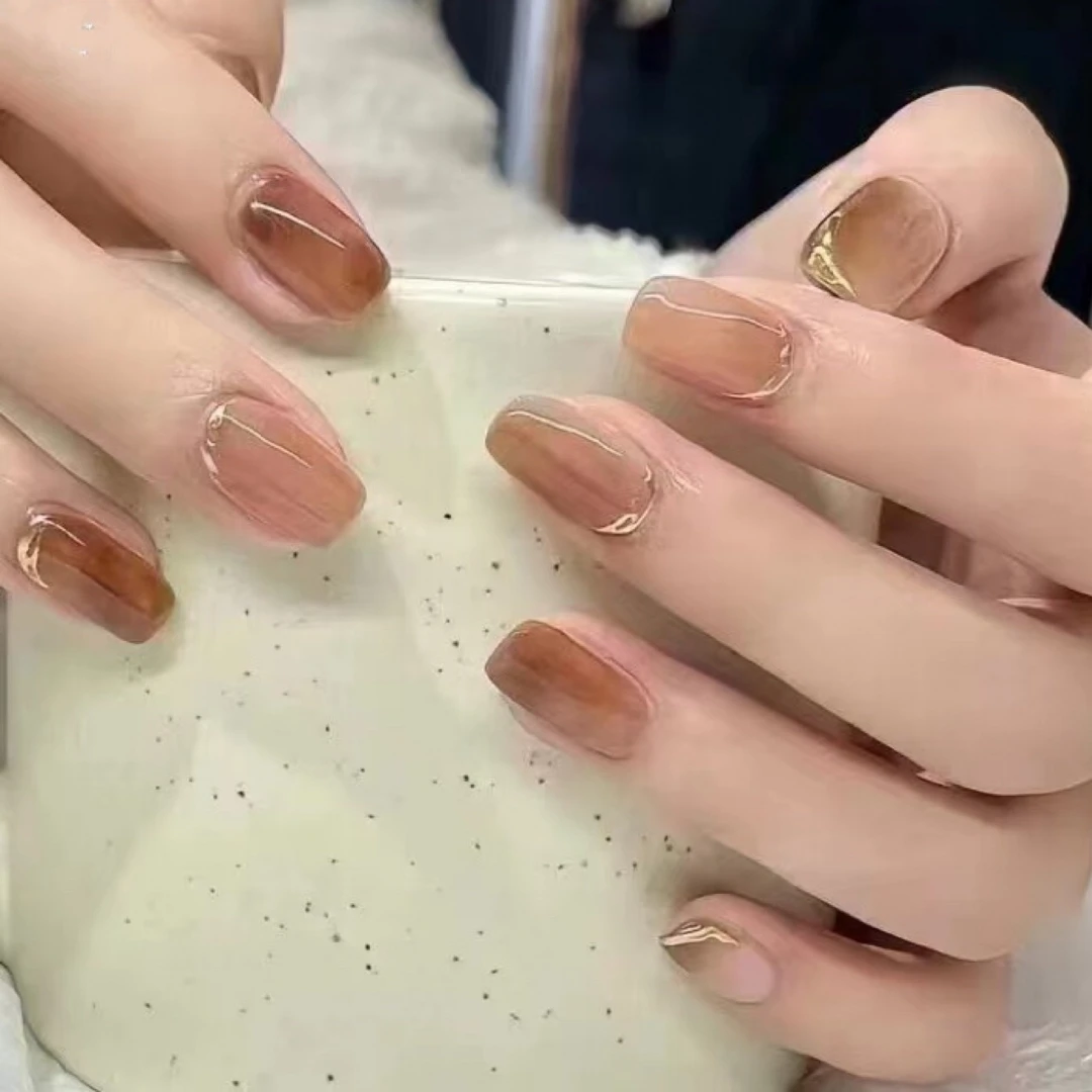 【短方】鎏金琥珀 秋冬晕染棕色穿戴甲美甲贴片可拆卸24片装②