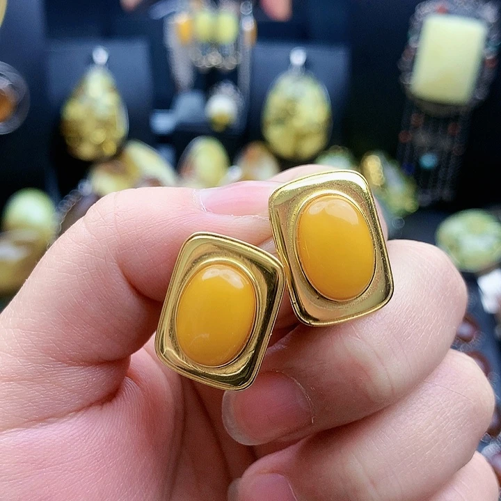 琥珀裸石银S925镶嵌耳坠