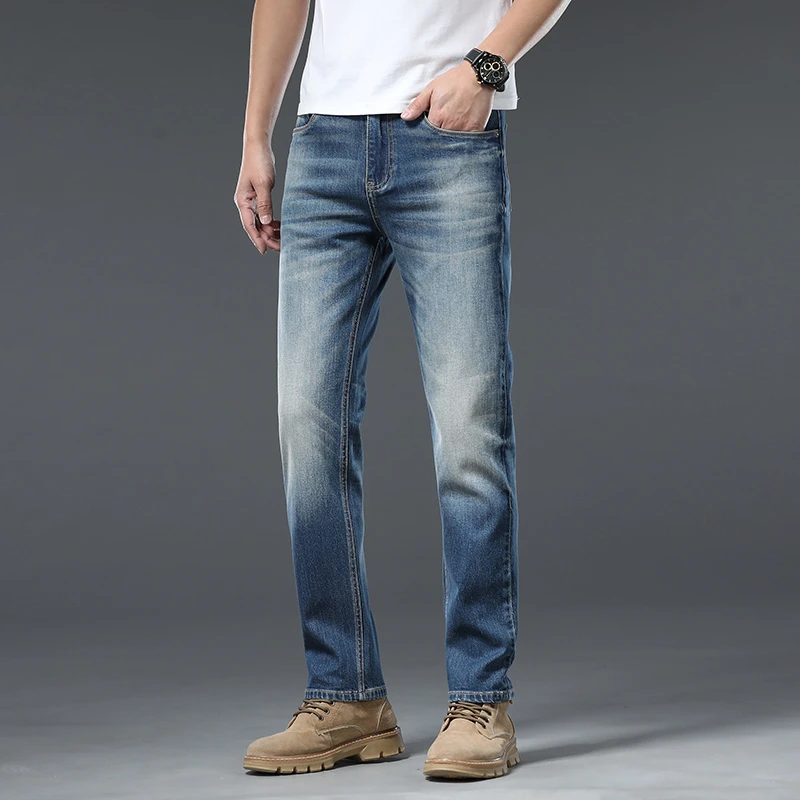 春夏新款经典版牛仔裤男士时尚直筒修身弹力水洗复古蓝色百搭裤子