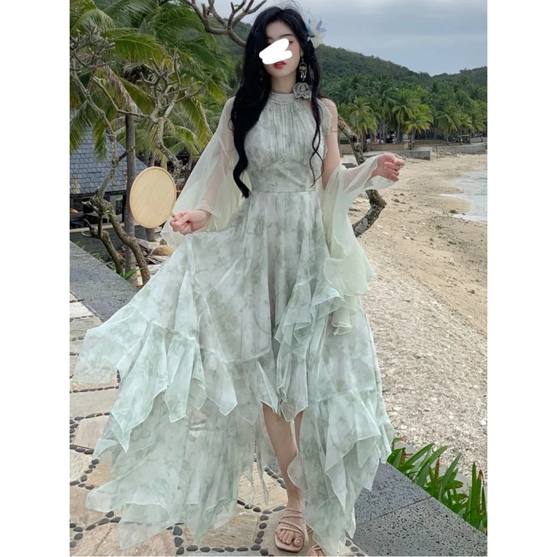 现货秒发-- 浪漫印花度假风裙子+披肩+胸针三件套