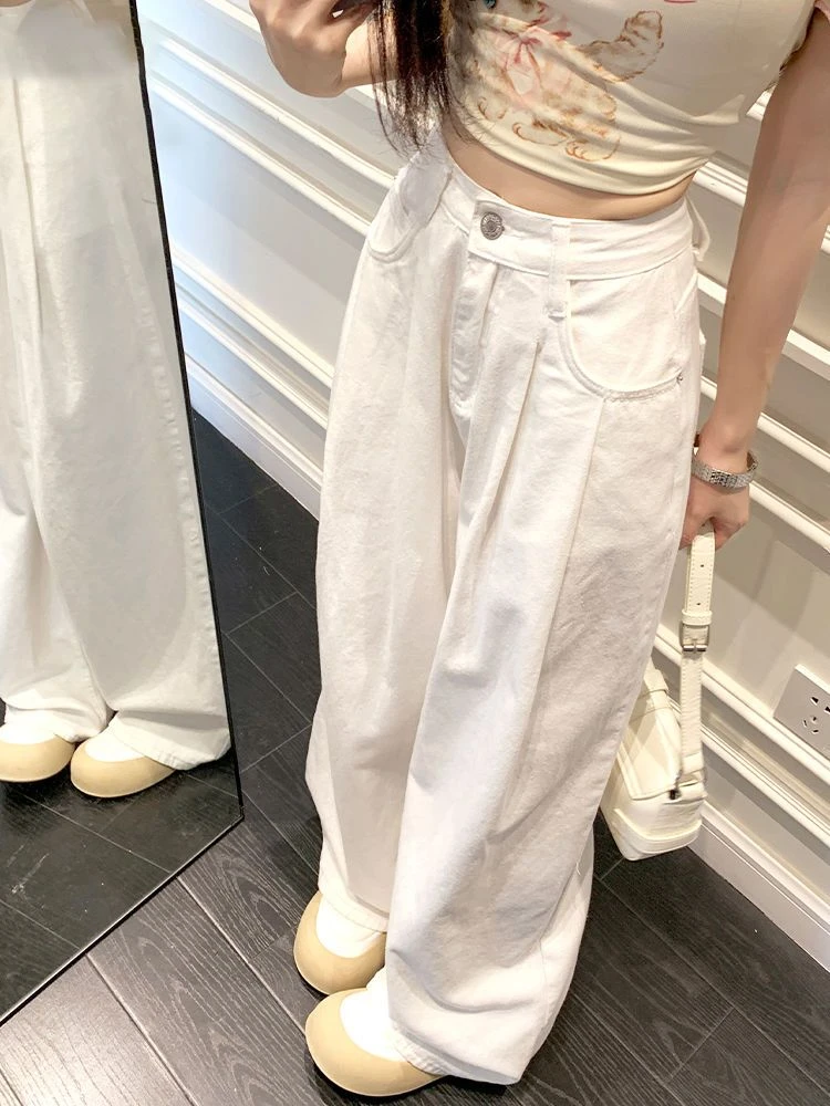 白色高腰褶皱阔腿牛仔裤女2025夏季新款宽松垂感裤子宽松bf慵懒风