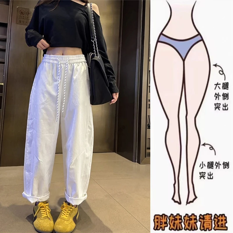 新款高端欧货高腰宽松休闲阔腿裤气球裤白色裤子女直筒九分裤女款