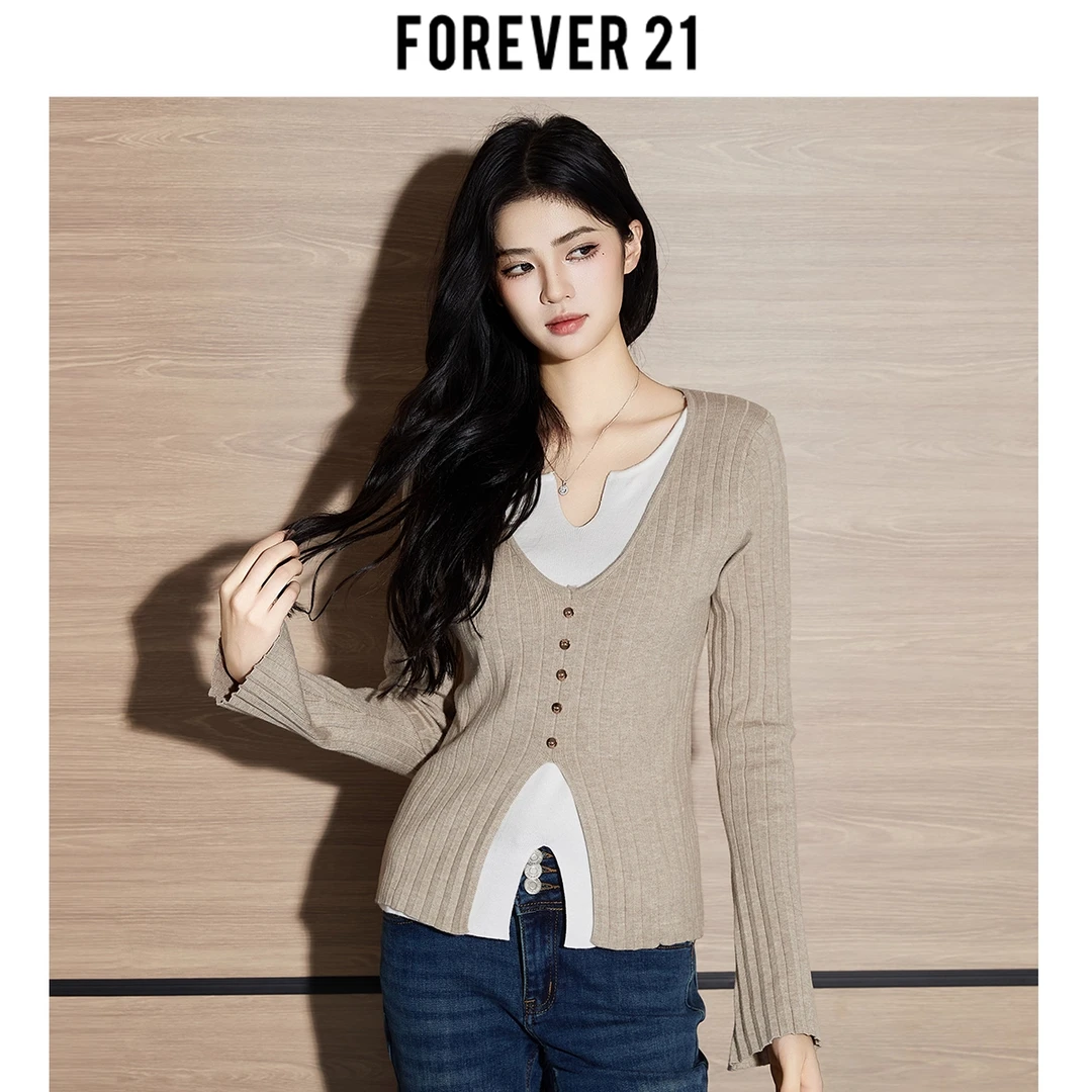 Forever 21秋冬新款设计感时尚百搭显瘦上衣法式气质假两件针织衫