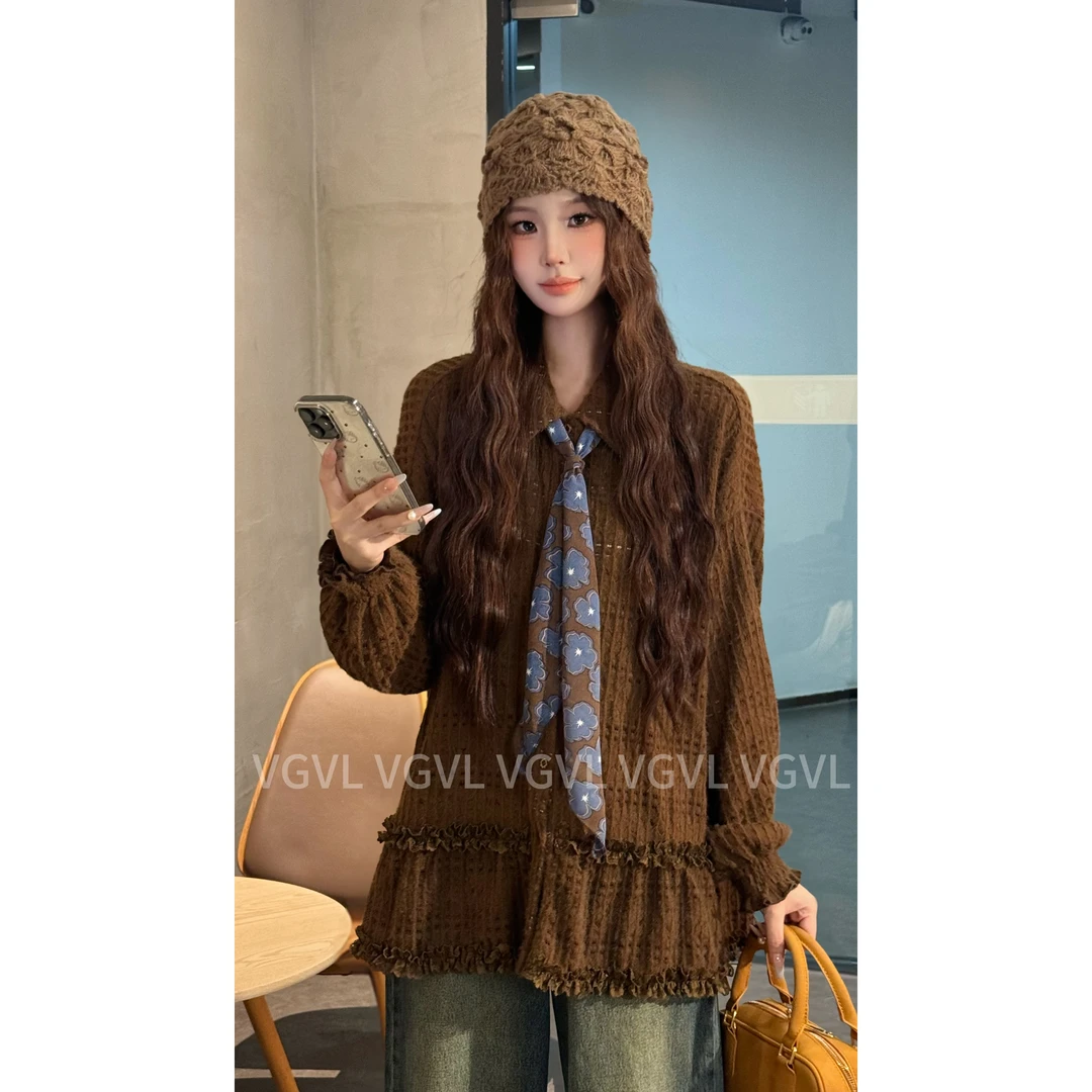 提花开衫慵懒风衬衫气质秋季时尚百搭休闲风复古上衣21025