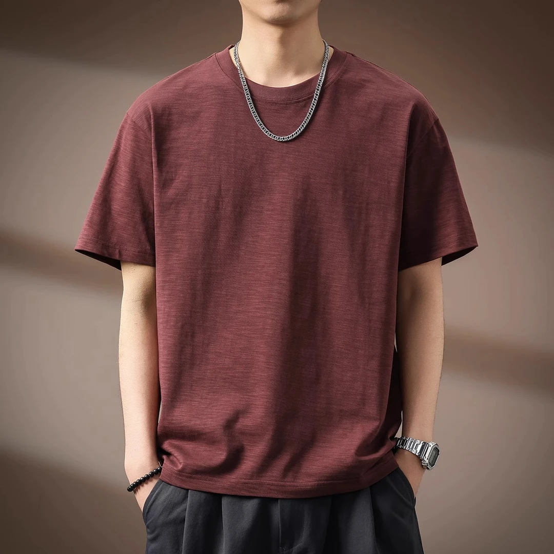 高端日系简约竹节棉t恤男夏季潮流宽松圆领休闲纯色复古短袖体恤