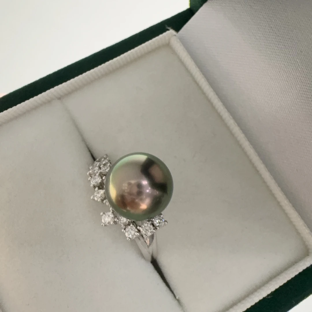 9-10mm大溪地海水珍珠孔雀绿戒指48h鉴赏期