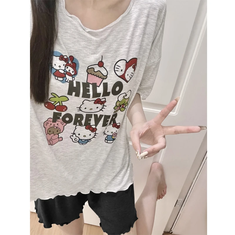 韩系可爱甜美少女睡衣女夏季ins莫代尔带胸垫短袖薄款家居服套装