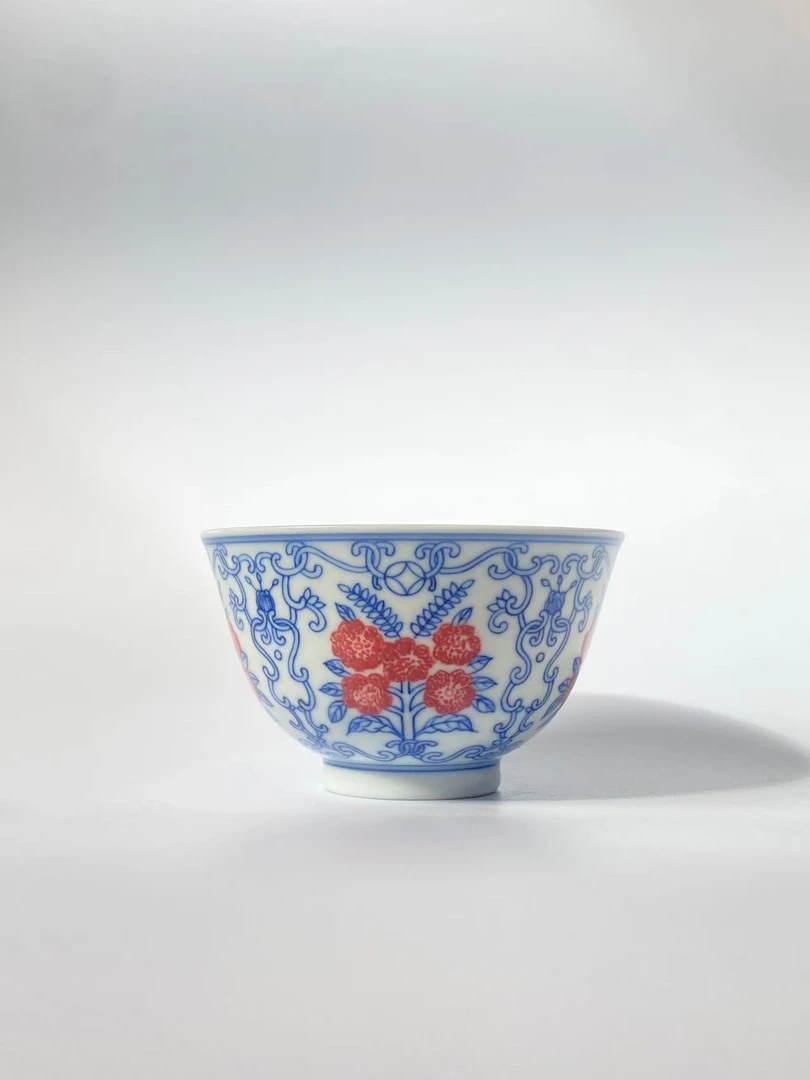 【齊致堂】青花拓片红缠枝莲纹景德镇手工手绘单杯品茗杯