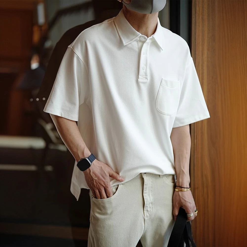 日系复古简约贴袋透气短袖纯色Polo衫男士夏季潮流新款翻领polo