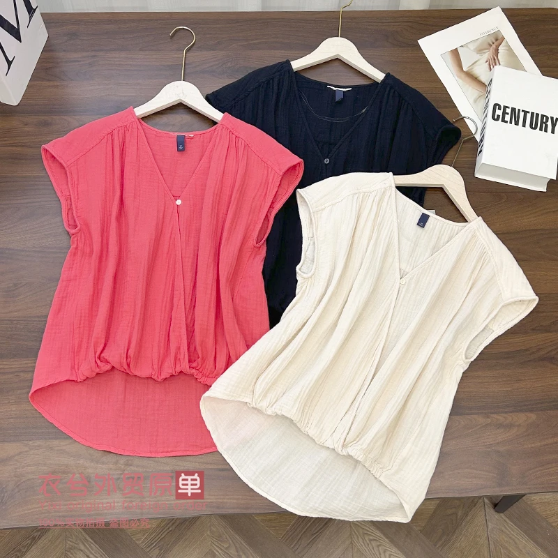 （泡泡纱无袖小衫）夏季新款V领简约舒适百搭休闲时尚小衫H