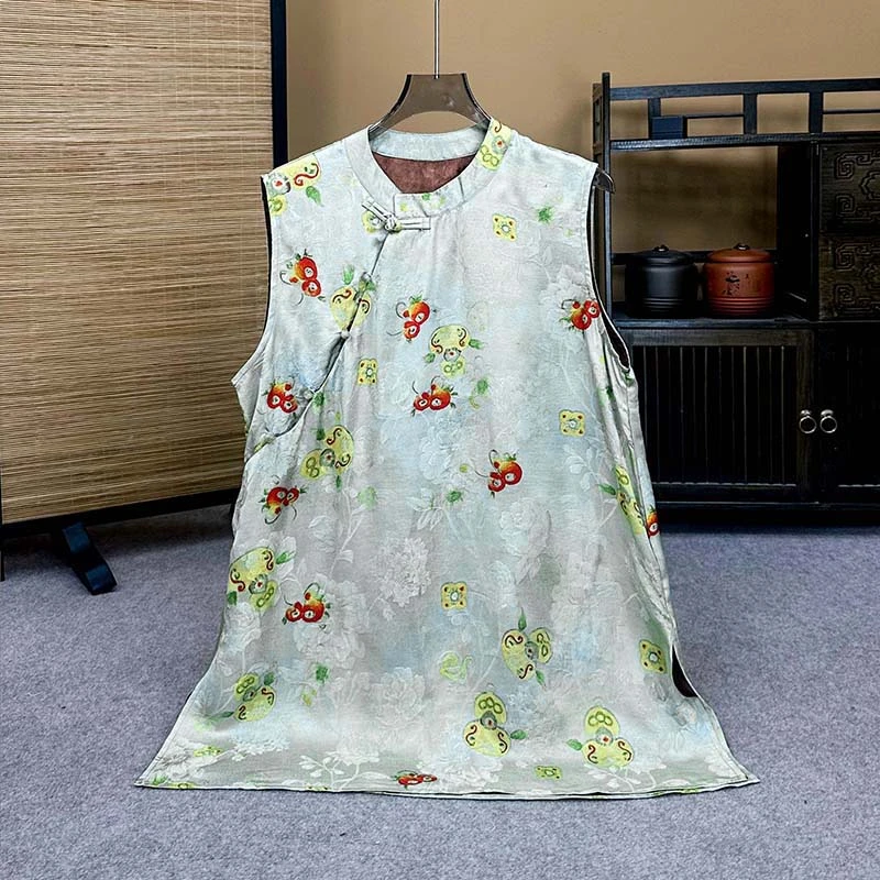 1337中长款圆领上衣植物花卉女装黄色夏季时尚无袖刺绣