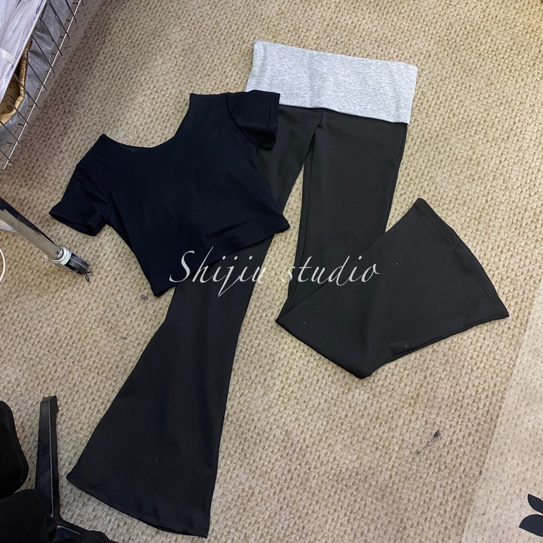拾玖】夏季微喇裤低腰长裤套装薄款休闲裤高腰百搭阔腿裤半裙套装