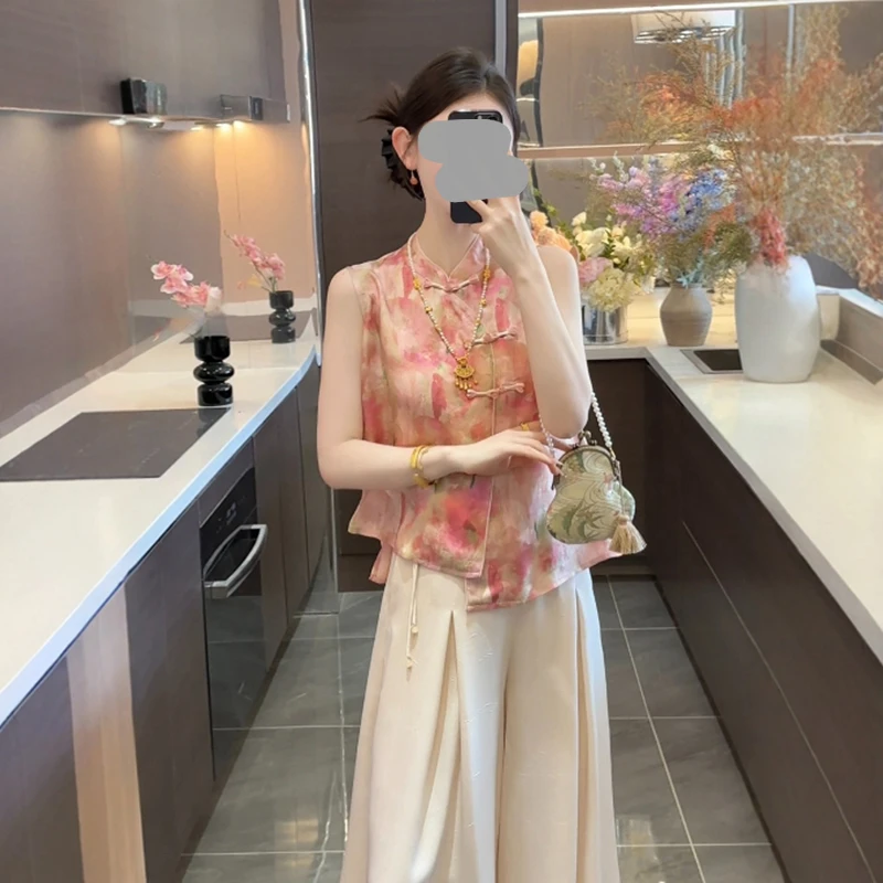 新中式温柔感时尚套装女2025年夏季新款印花无袖盘扣立领小衫长裤