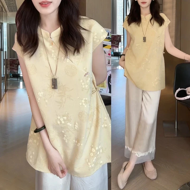 新中式国风无袖套装女夏2025新款洋气时尚年轻高级感阔腿裤两件套