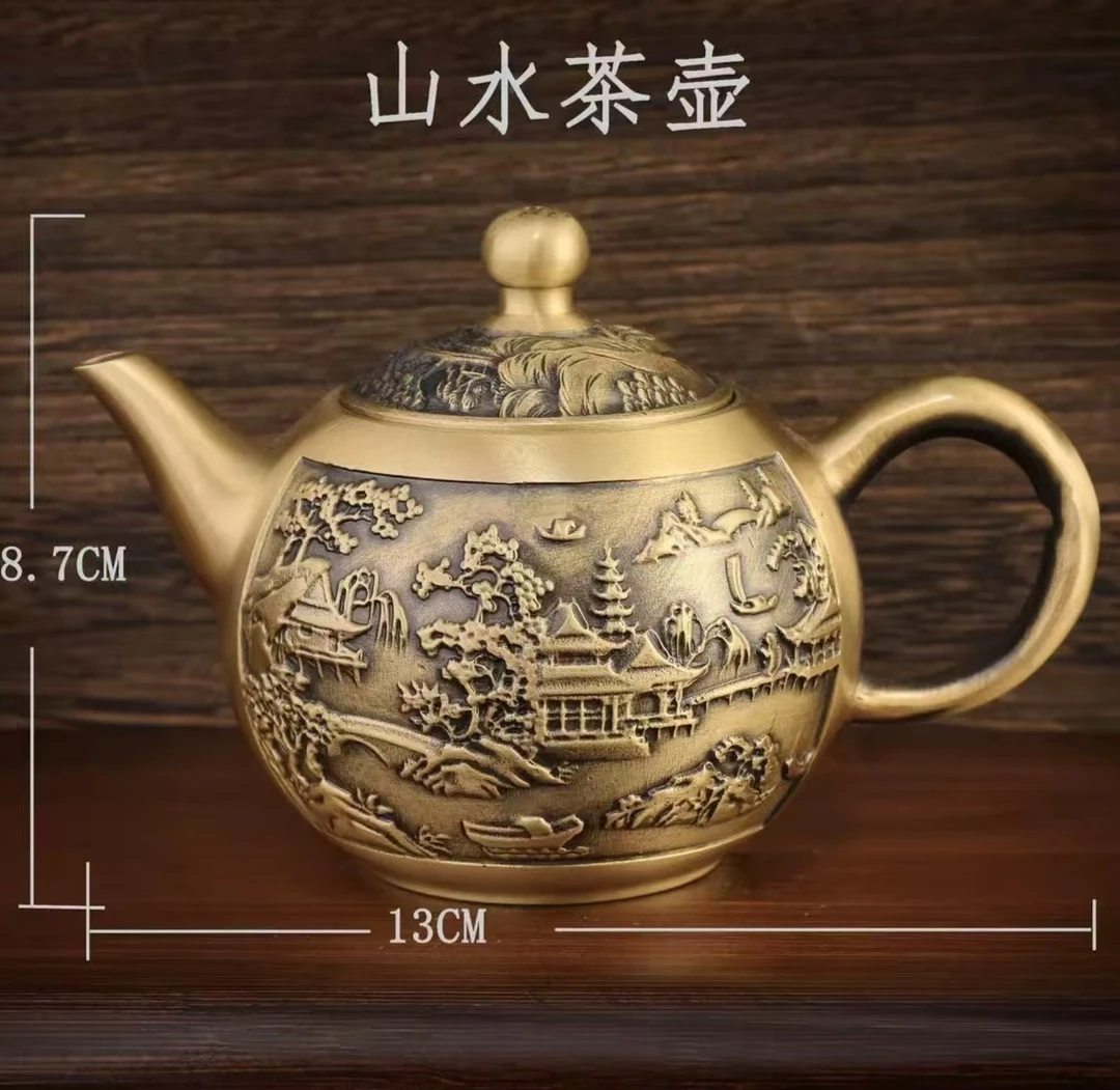 黄铜浮雕百福.龙凤茶壶居家茶摆件