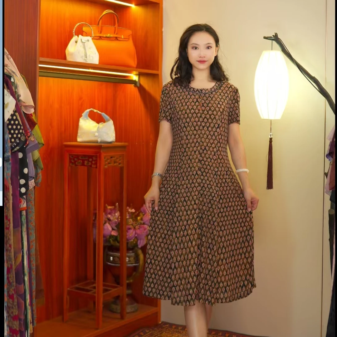 红 菱形格  气质中长款夏季时尚连衣裙百搭遮肉裙子10178