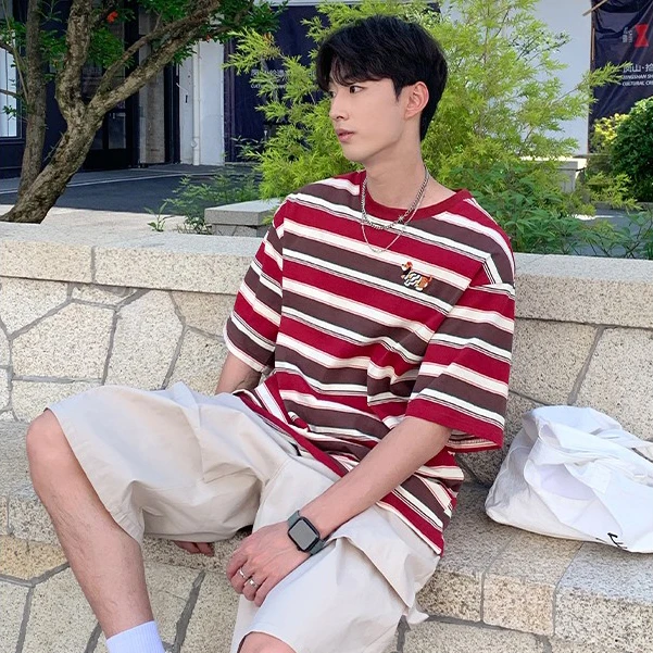 美式复古腊肠狗刺绣条纹T恤男女夏季新款百搭潮流宽松男士短袖t恤