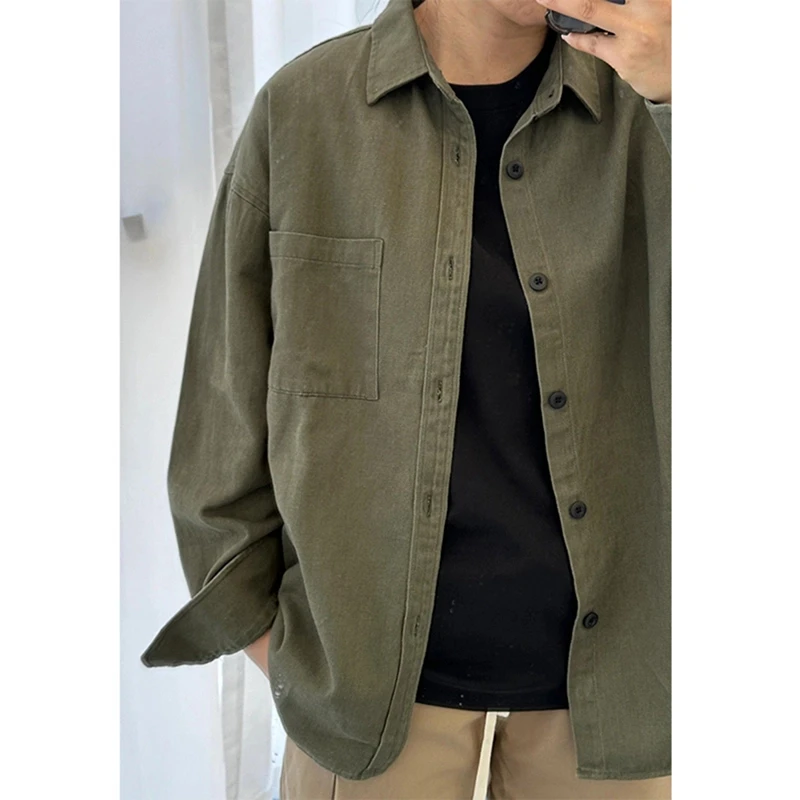 军绿色工装长袖衬衫男高级感痞帅宽松翻领上衣潮牌可外穿衬衣外套