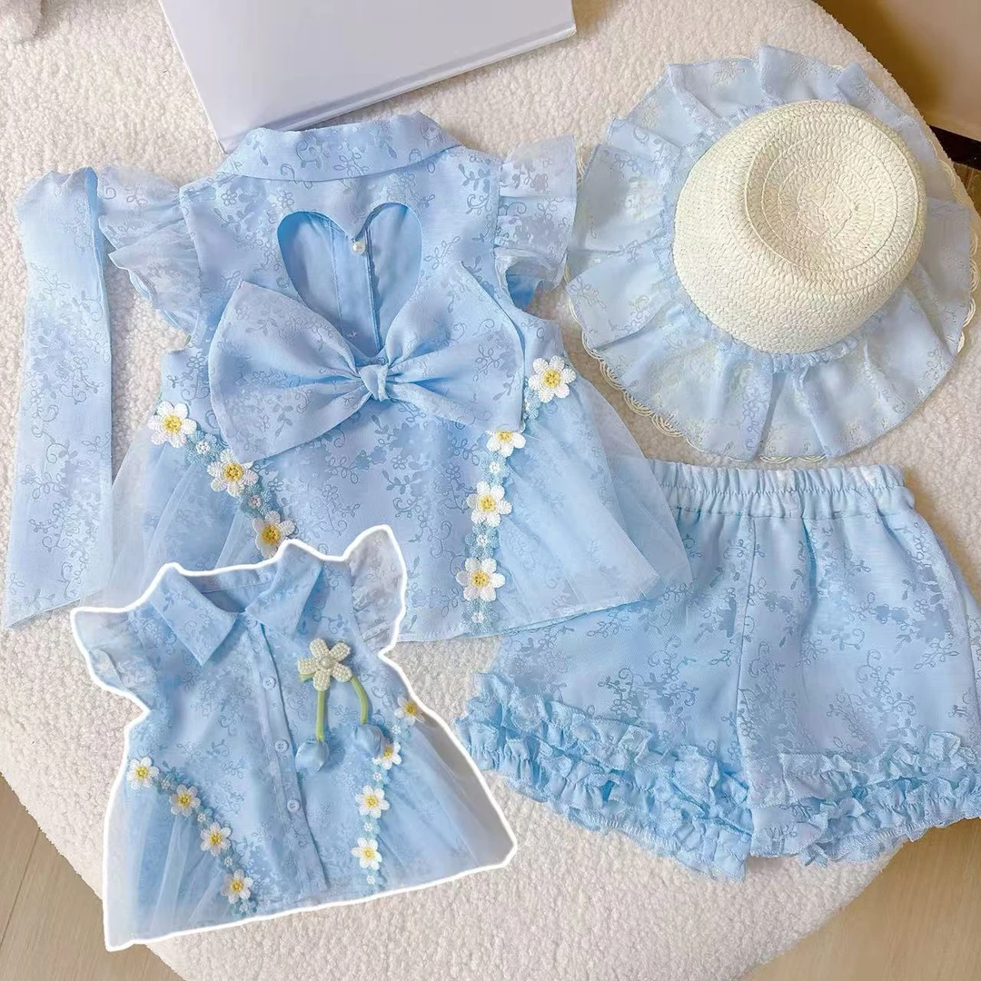 女宝宝夏季新款清凉冰感蓝色套装2025时尚儿童小飞袖短裤两件套潮