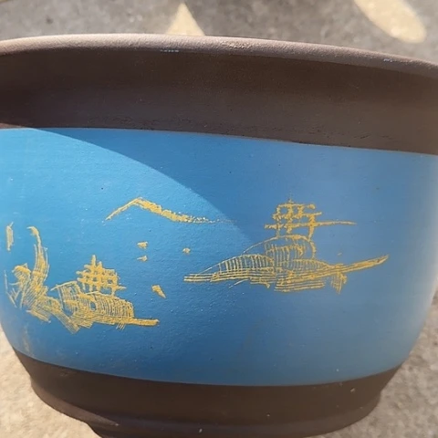 紫砂宜兴紫砂花盆36蓝山水