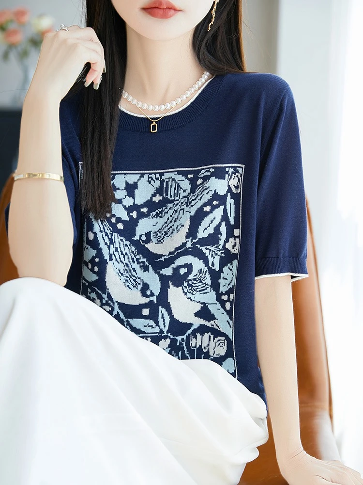 百搭圆领打底印花女针织衫夏季短袖提花半袖宽松版