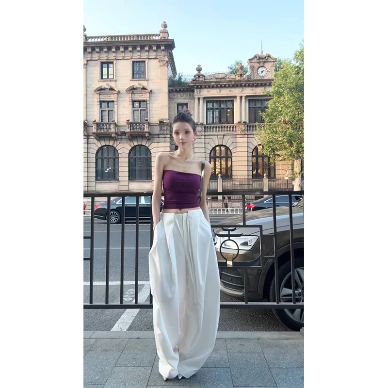 夏季新款抹胸背心上衣高腰宽松直筒休闲拖地长裤设计感阔脚裤套装