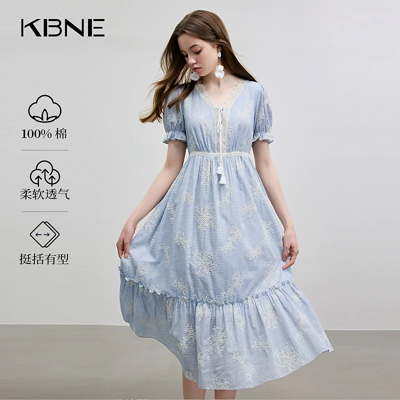 裙子女款爆款2025新款高级感蓝色连衣裙KBNE夏季刺绣法式连衣裙