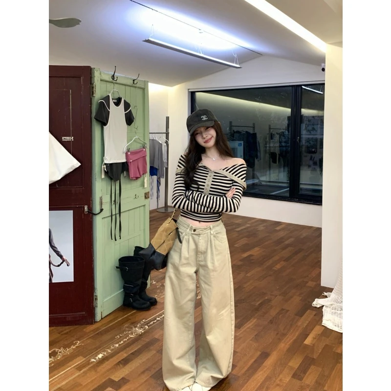 韩系设计感时尚撞色条纹露肩长袖T恤女2025秋冬新款宽松垂感长裤