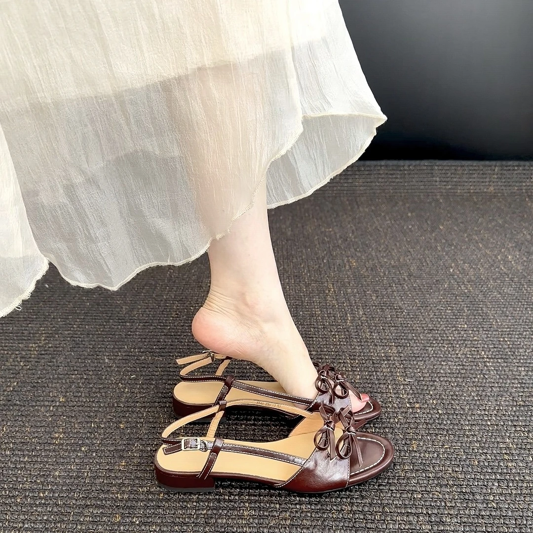 【ZHZG】蝴蝶结露趾纯色法式时装凉鞋方头外穿凉鞋粗跟