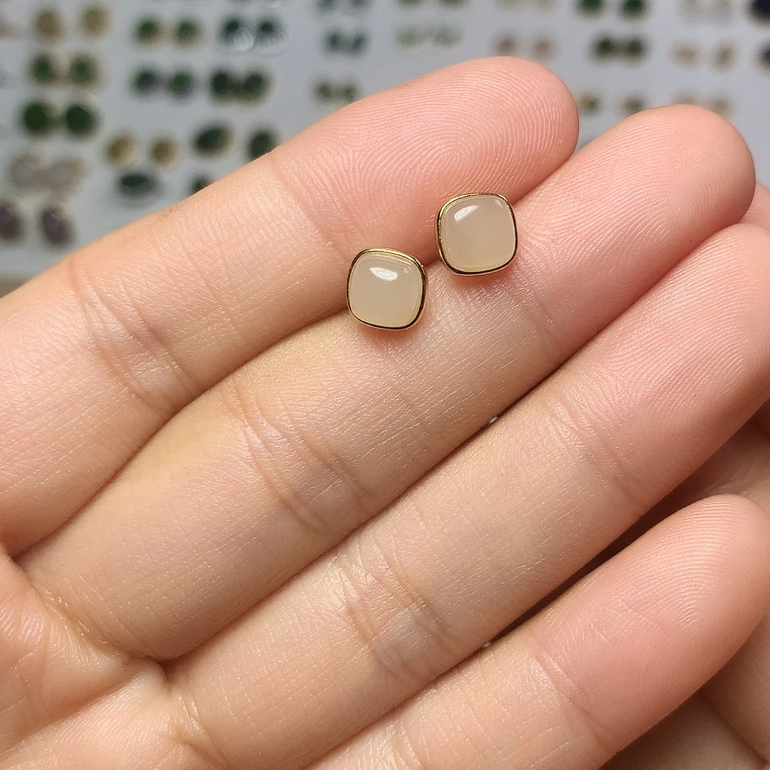 银S925镀金镶嵌和田玉（白玉）耳饰