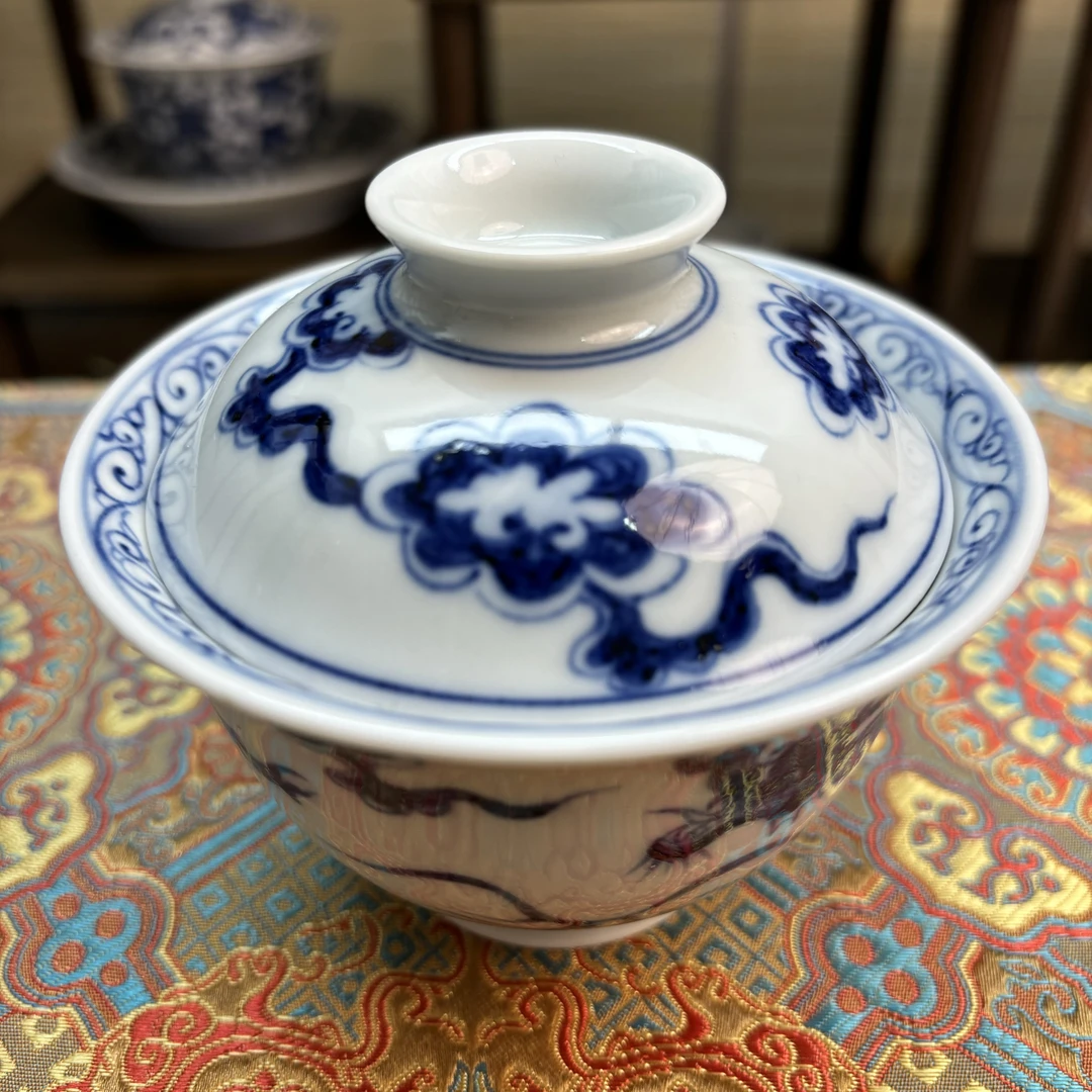 景德青花龙纹盖碗