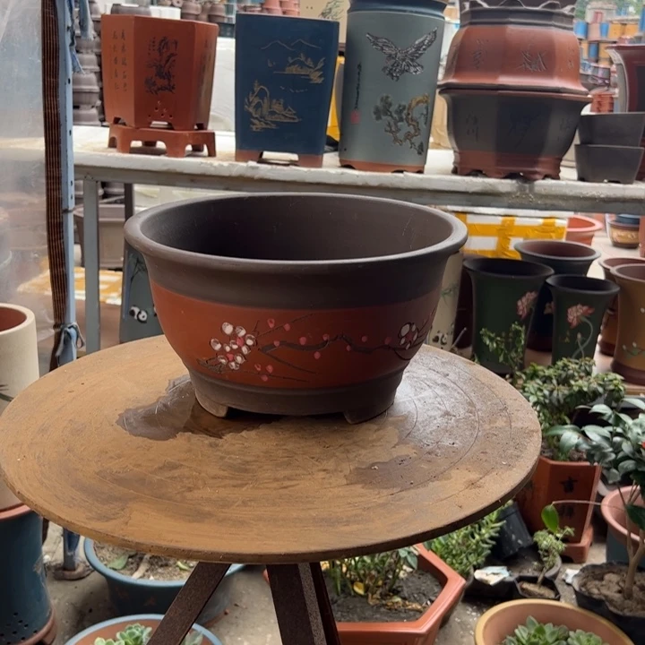 宜兴紫砂花盆红富贵点彩大