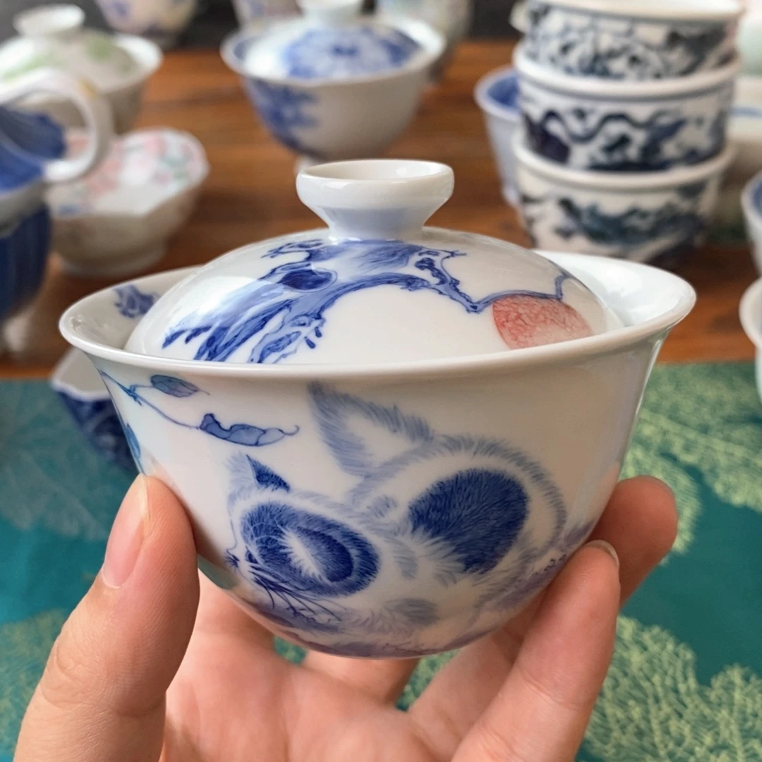 瓷片景德镇手绘陶瓷青花猫猫盖碗