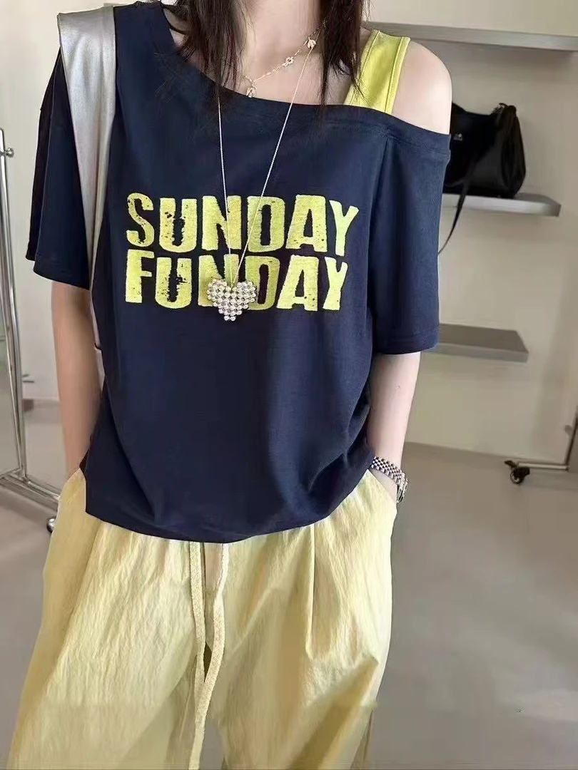 【婷婷家】小个子夏季斜肩吊带撞色印花T恤#28113