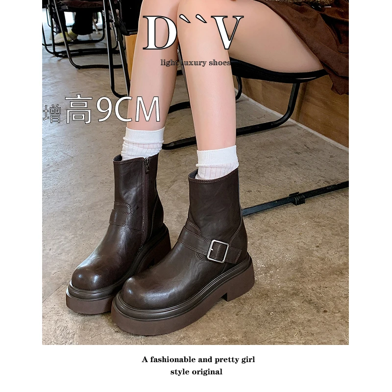 短靴女潮酷厚底机车女骑士靴时尚百搭女秋冬皮带扣粗跟马丁靴女靴