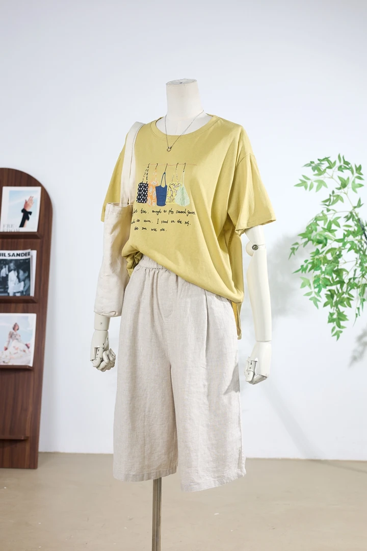 文艺印花竹节棉短袖T恤女夏季2025新款圆领体恤休闲百搭洋气