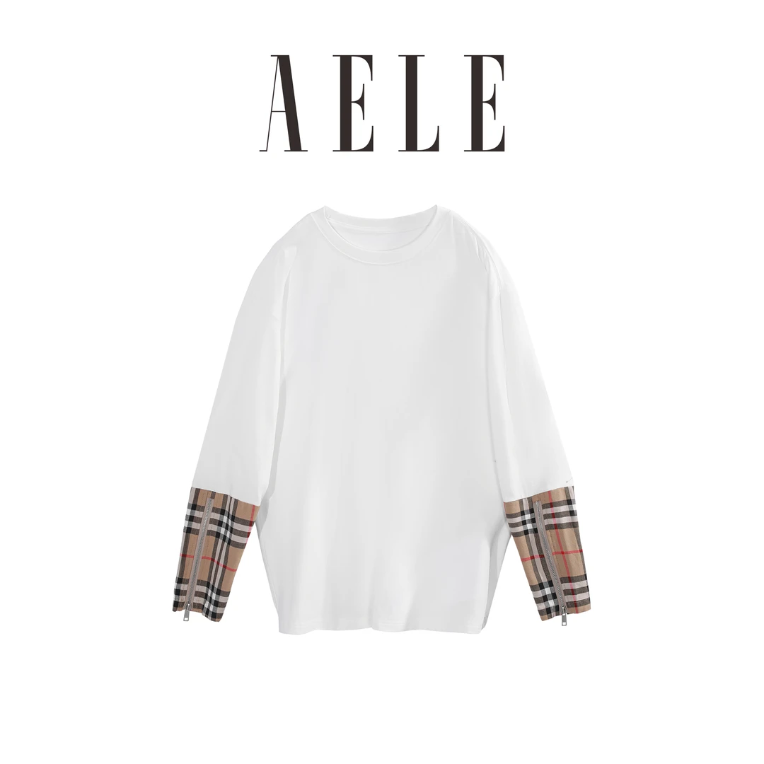 T8F1 0027 D 长袖拼接撞色圆领套头格纹上衣T恤