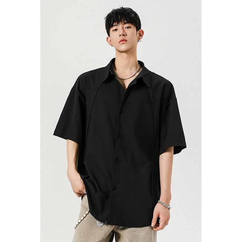 VIPOL夏季冰感拼接轻奢纯色短袖衬衫男夏季薄款大码痞帅衬衣外套