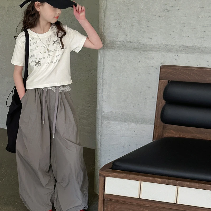 女童套装2025夏季又酷又飒女孩设计感蕾丝边短袖工装阔腿裤两件套