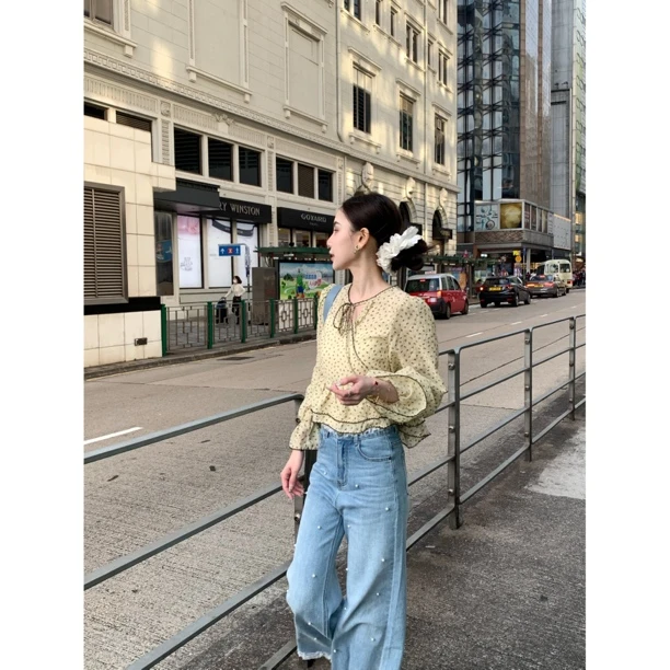 赵小小【春日微醺】甜美花边拼接蝴蝶结系带百搭减龄衬衫长袖25215