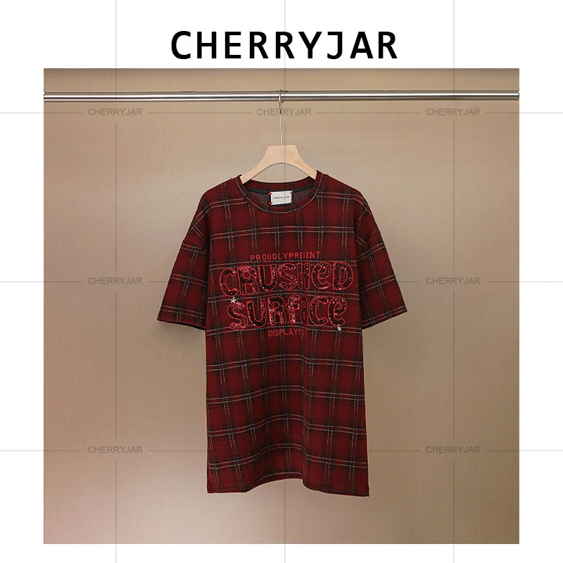 Cherryjar【251063】时尚夏季格纹字母亮片点缀字母宽松红色印花