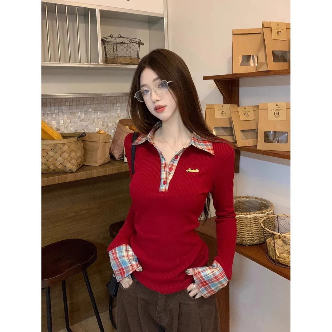 韩系红色格子polo领打底衫女秋冬假两件洋气拼接内搭甜辣chic上衣