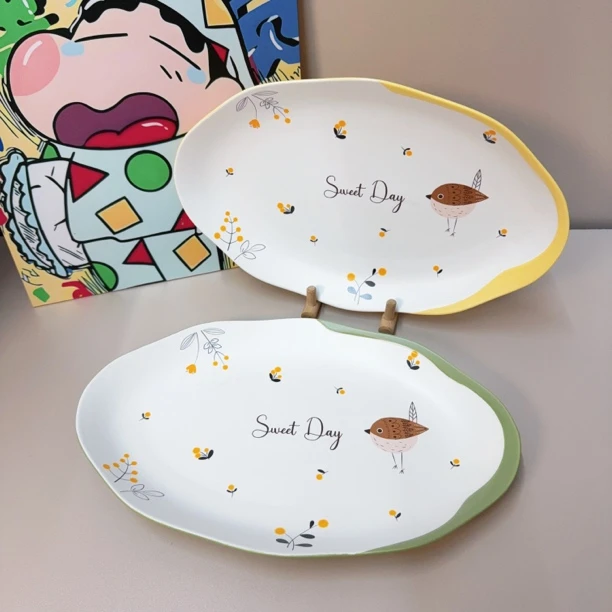 【鸟语花香】国风新中式轻奢陶瓷哑光色釉14英寸大号鱼盘家用菜盘