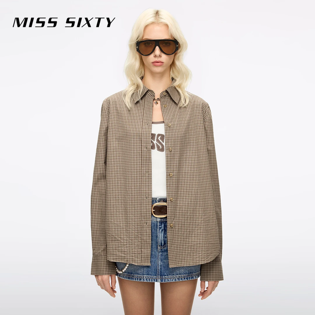 Miss Sixty2025秋季新款长袖衬衫女复古格子外搭棉质上衣中长薄款