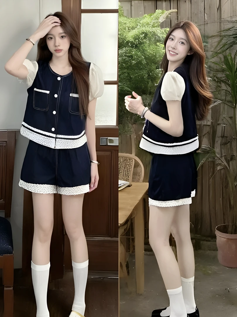 【宫】休闲风丹宁风时尚套装小香风短裤时尚洋气减龄甜美夏季拼接