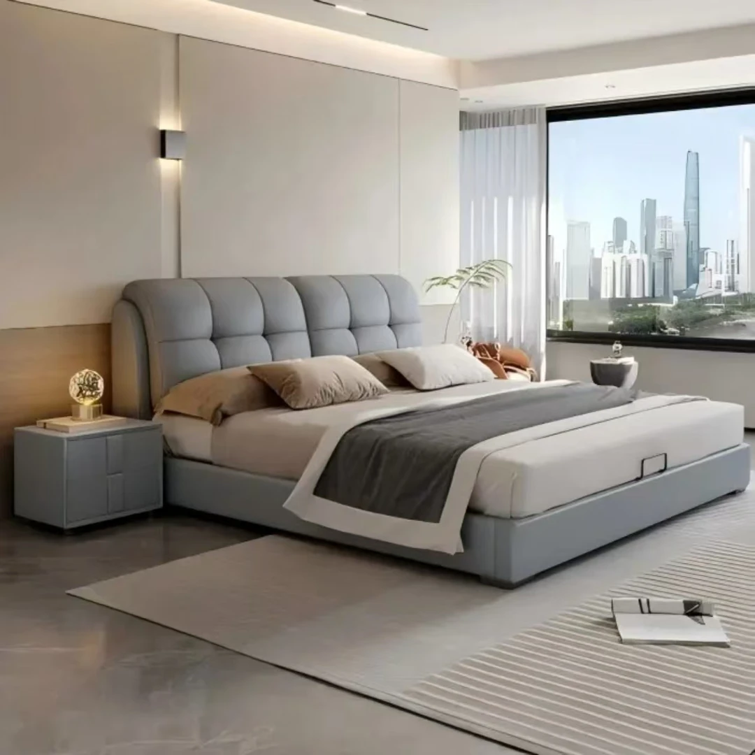 666热销款轻奢简约大床主卧室可选储物高箱皮艺床意式高端床定制