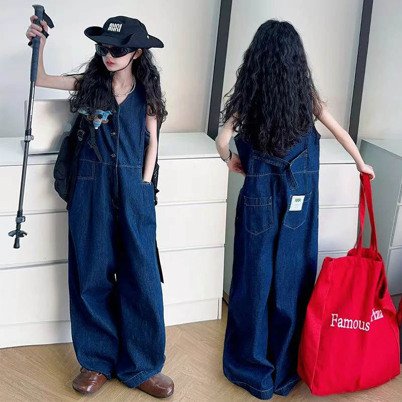 女童2025夏季牛仔背带裤儿童潮美式无袖连衣裤大童洋气夏装连体裤