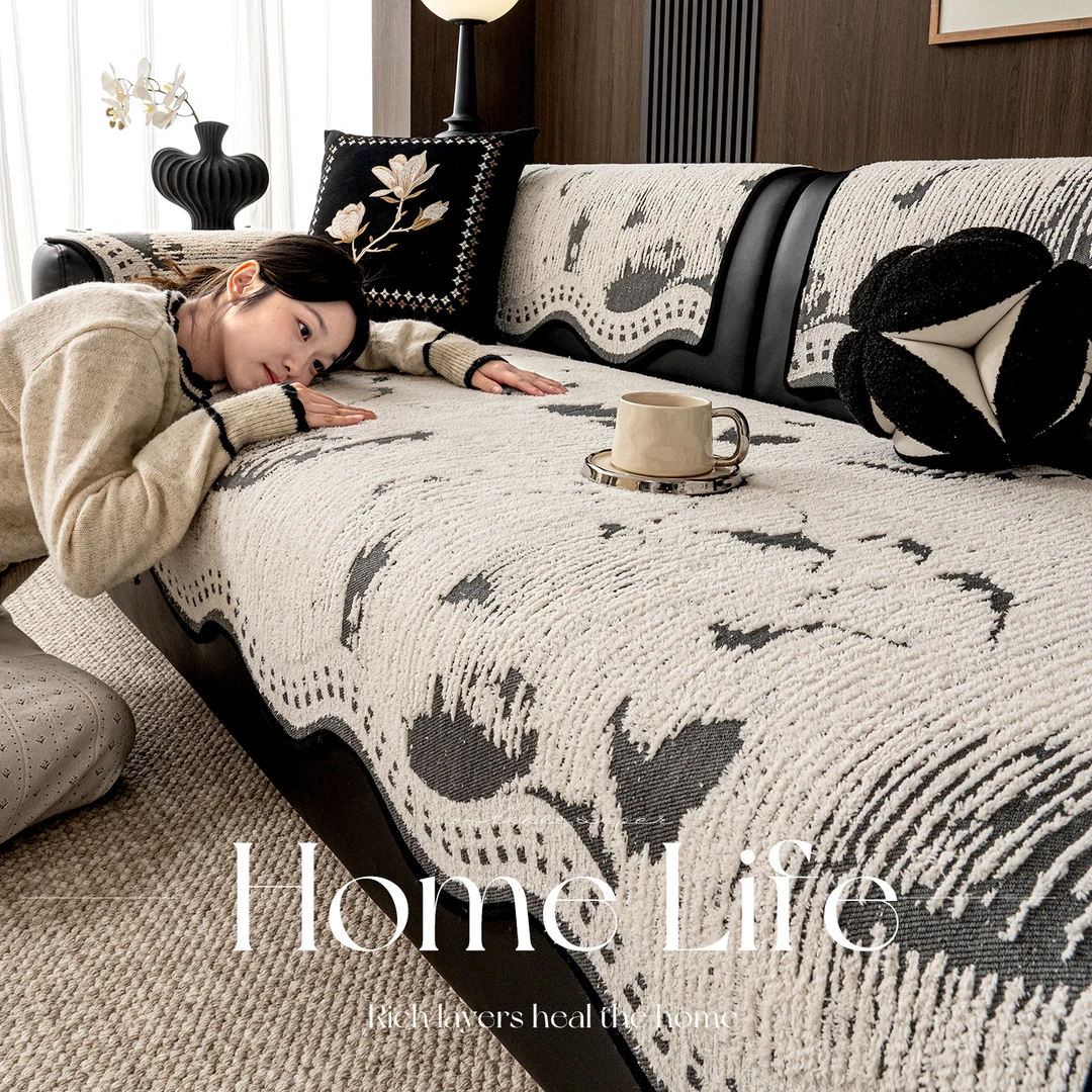 (异形墨流)复古高级感沙发垫秋冬毛绒一片式直排固定防滑沙发盖布