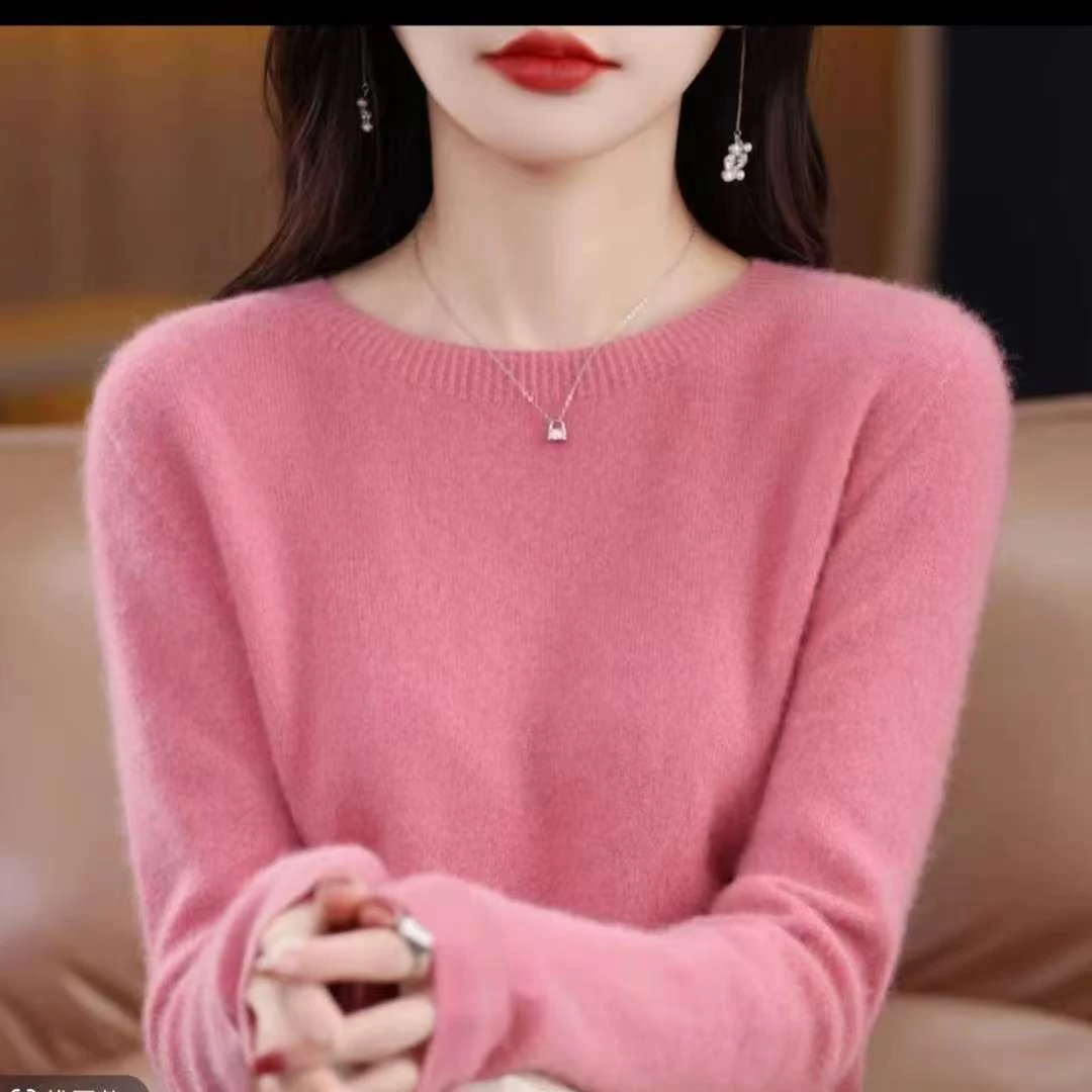 软糯舒适精仿纱线女士圆领针织长袖宽松打底衫毛衣时尚百搭纯色