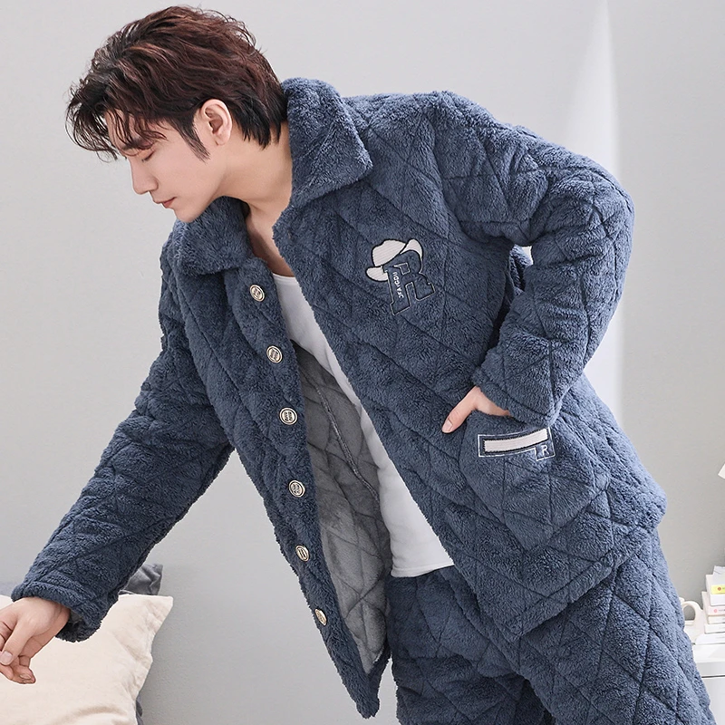 9373839男款秋冬季三层加厚加绒家居服套装